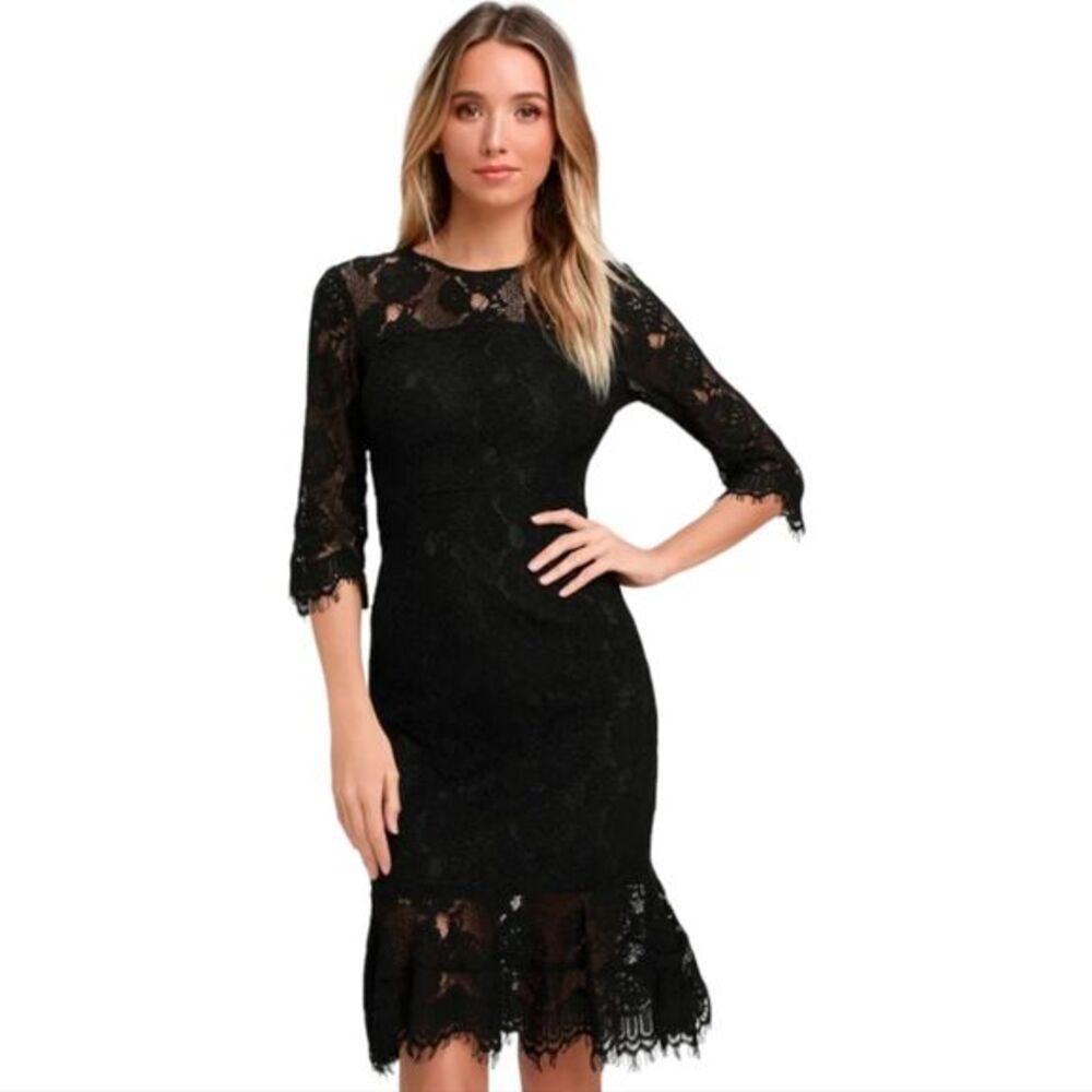 Lulu's -1210 NWT Dance With Me Black Lace Bodycon‎ Midi Dress 3/4 Sleeves S